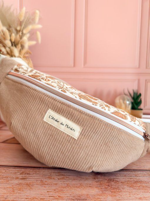 Sacs banane adulte à fleurs indiennes bohème et velours beige